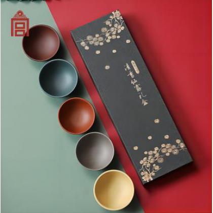  清香仙露五色紫砂莲瓣小杯礼盒